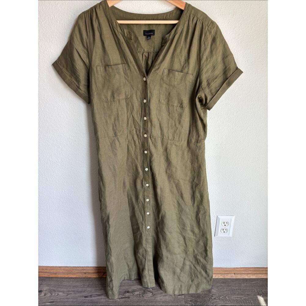 TALBOTS Linen Shirtdress Womens Olive Neutral 12 - Picture 2 of 8